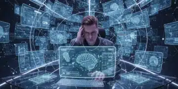 Person overwhelmed by multiple digital screens and information streams, symbolizing information overload.