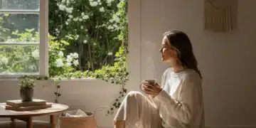Woman enjoying a peaceful moment, embracing slow living in a sunlit room.