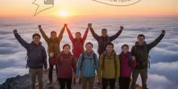 Group celebrating personal growth achievements at sunrise