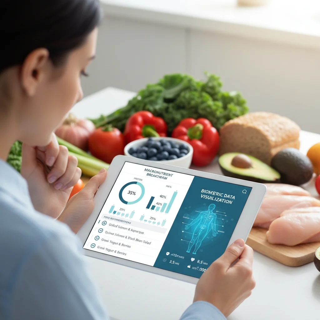 Interactive personalized nutrition app on a tablet with biometric data and healthy food.