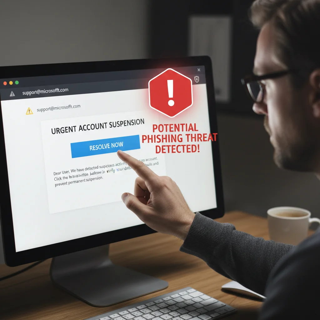 Hand pointing at a suspicious phishing email on a computer screen with a warning sign