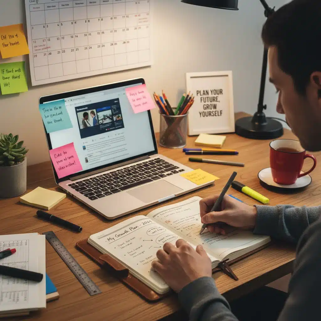 Person meticulously planning personal growth goals in a journal