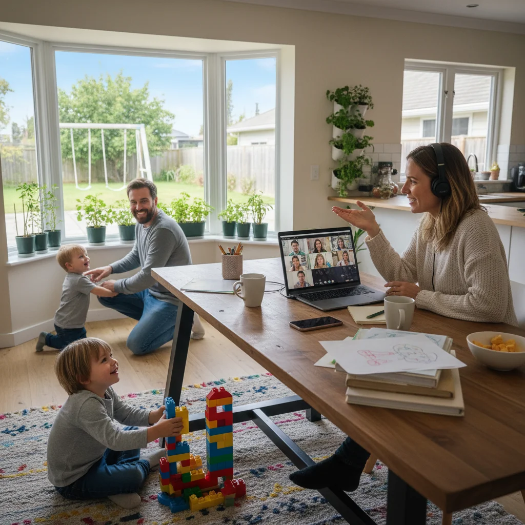 Family members balancing remote work and family life within a home setting, showing integrated lifestyles.
