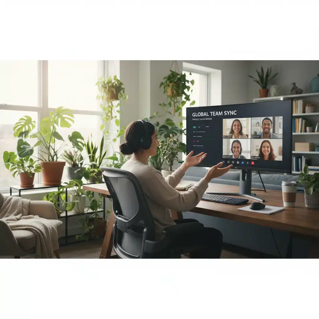 Person working remotely from a home office, engaging in a virtual team meeting.