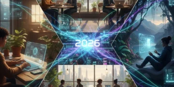 Remote Work's Permanent Shift: 5 Societal Implications by 2026 People working remotely from diverse locations, connected digitally, representing the permanent shift in work culture.