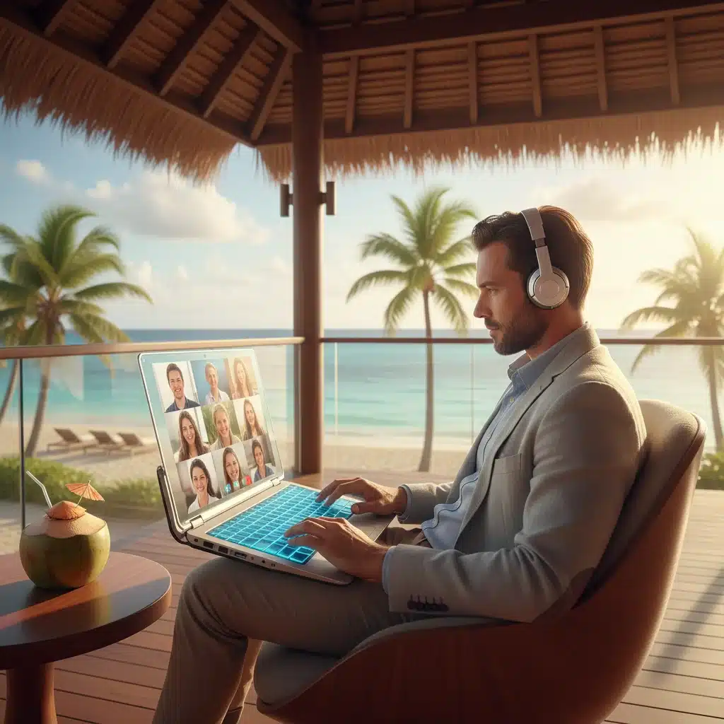 Digital nomad on a video call in a tropical co-working space