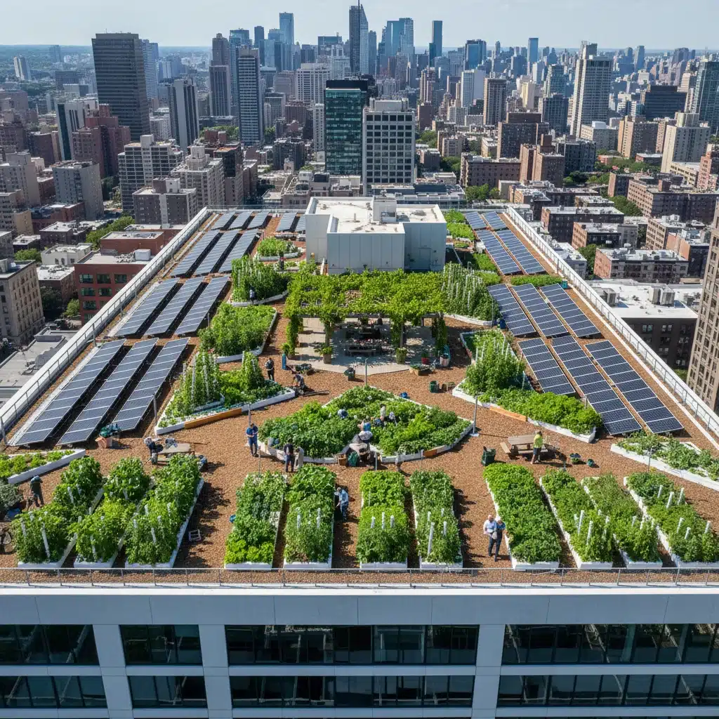 Rooftop urban farm with hydroponics and solar panels.