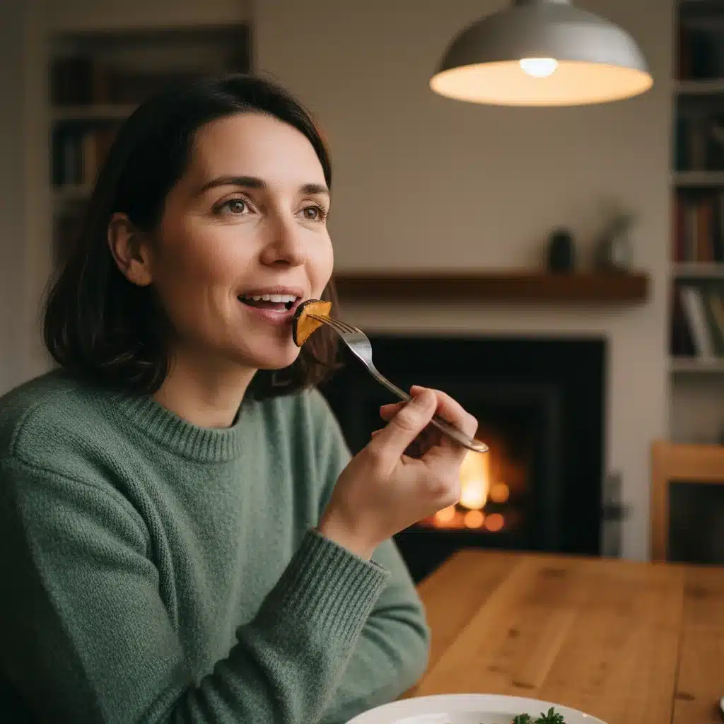 Person pausing to savor food, practicing mindful eating techniques at a dining table.