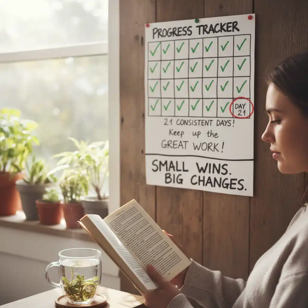 Person consistently performing a small habit daily, tracking progress.
