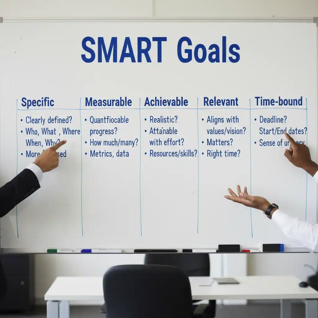 Whiteboard displaying the components of SMART goals for clear objective setting.