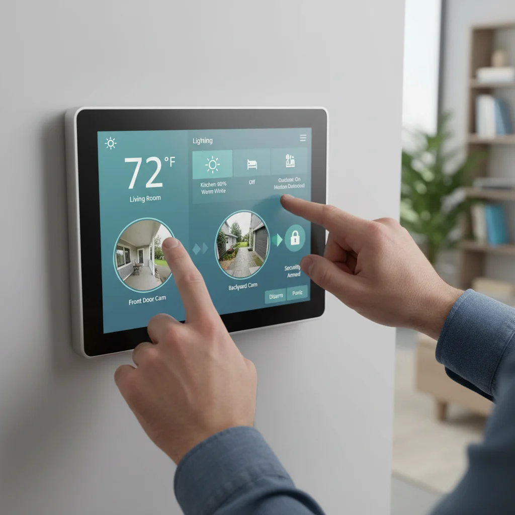 Central smart home hub displaying integrated device controls.