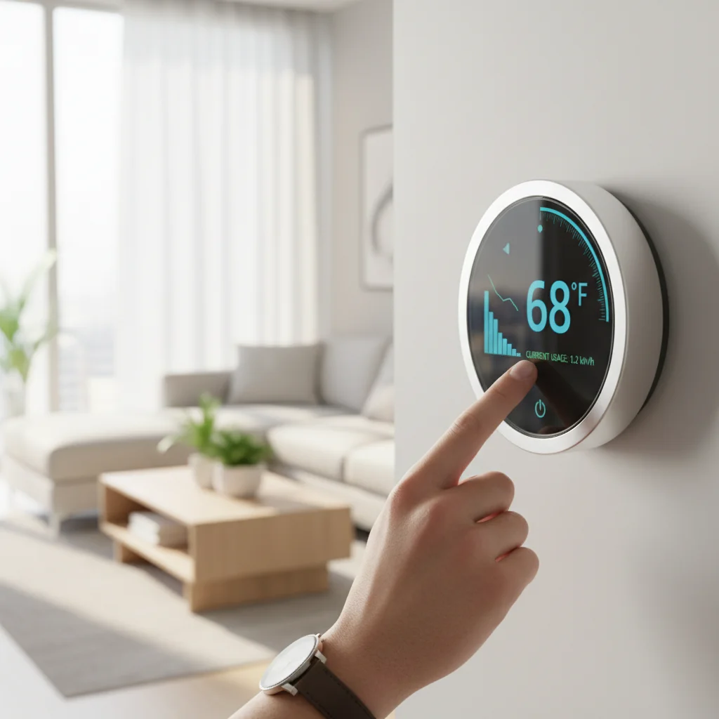 Smart thermostat displaying energy usage data
