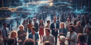 Social media's evolving influence on public discourse and community engagement by 2026, depicted with interconnected digital networks.