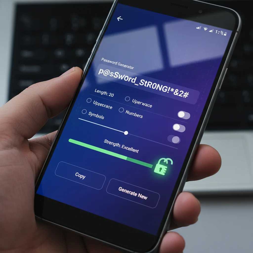 Smartphone screen showing a strong, complex password being generated