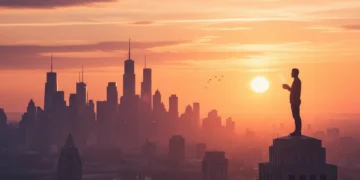 Sunrise over city, person drinking coffee, early morning productivity