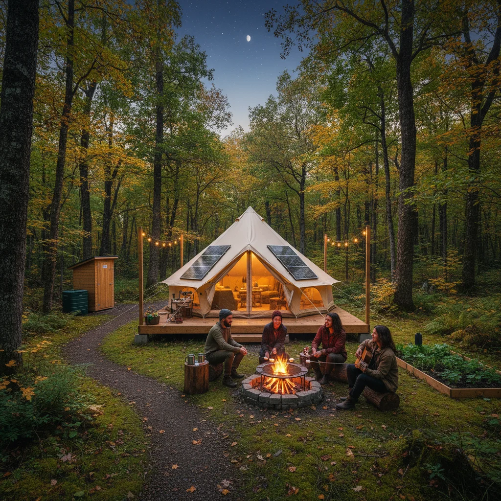 Eco-friendly glamping tent in a forest, representing sustainable travel and nature immersion