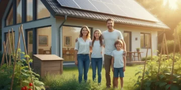 Family in front of eco-friendly home with solar panels