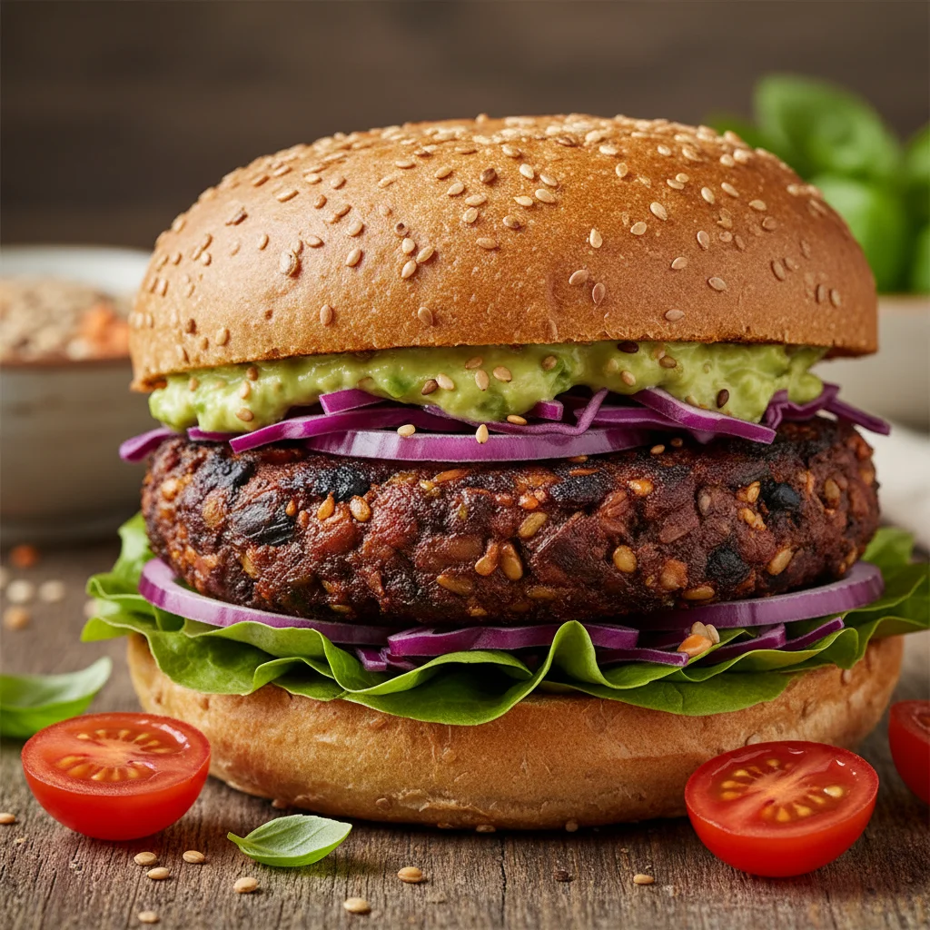 Delicious and sustainable plant-based burger with fresh ingredients.