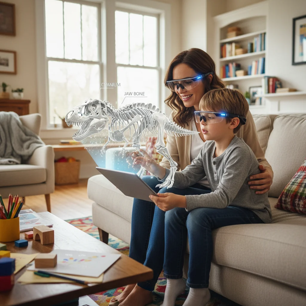 Parent and child engaging with educational augmented reality for learning.