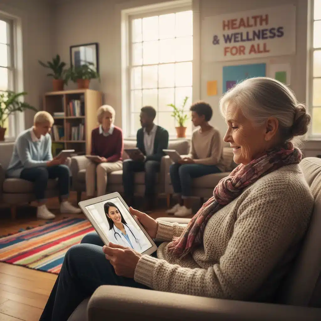 Elderly woman using telemedicine in a community center