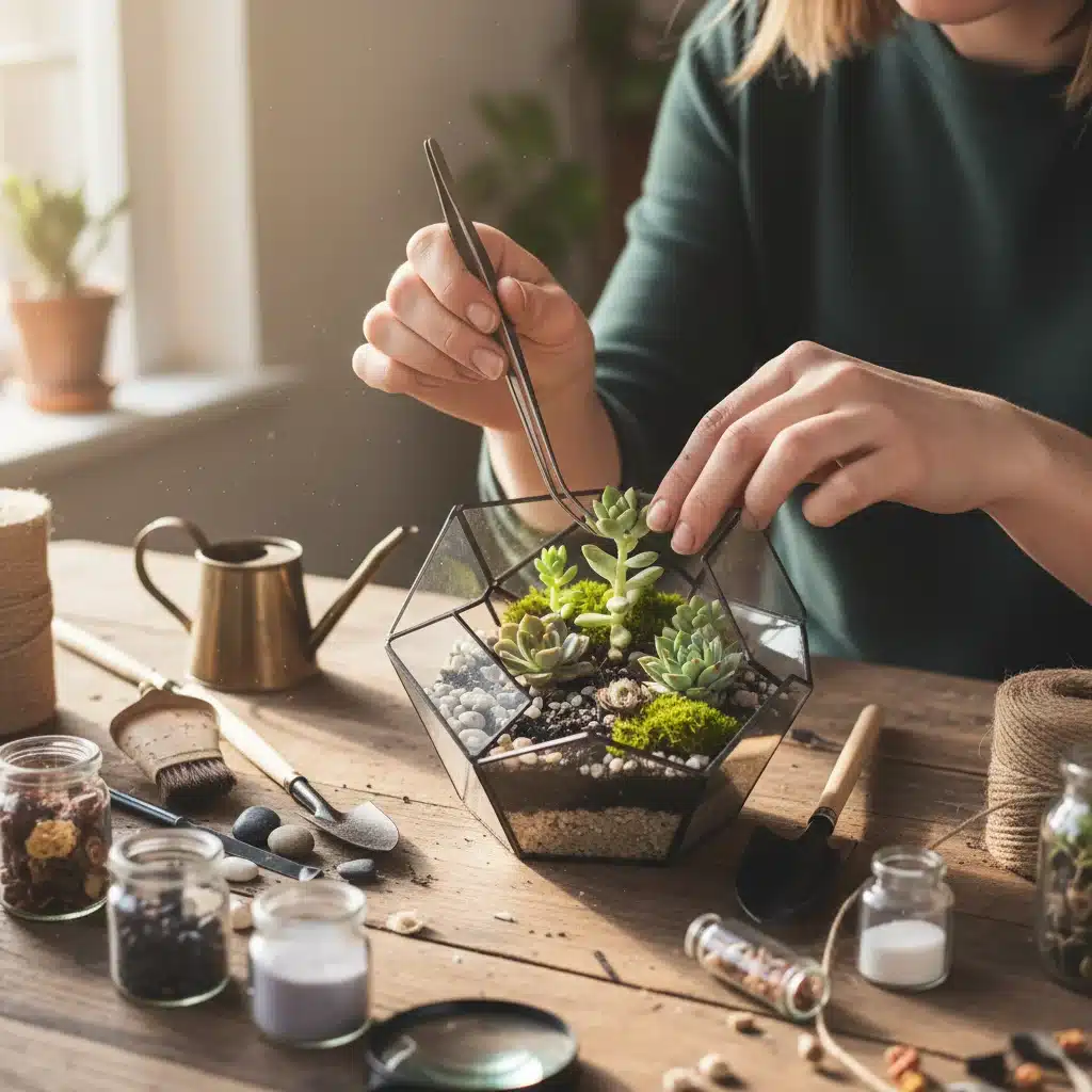 Hands crafting a miniature terrarium with succulents, representing nature connection and intricate craft.