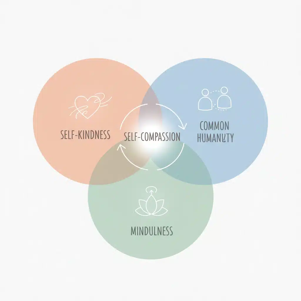 Infographic illustrating the three pillars of self-compassion: self-kindness, common humanity, mindfulness.