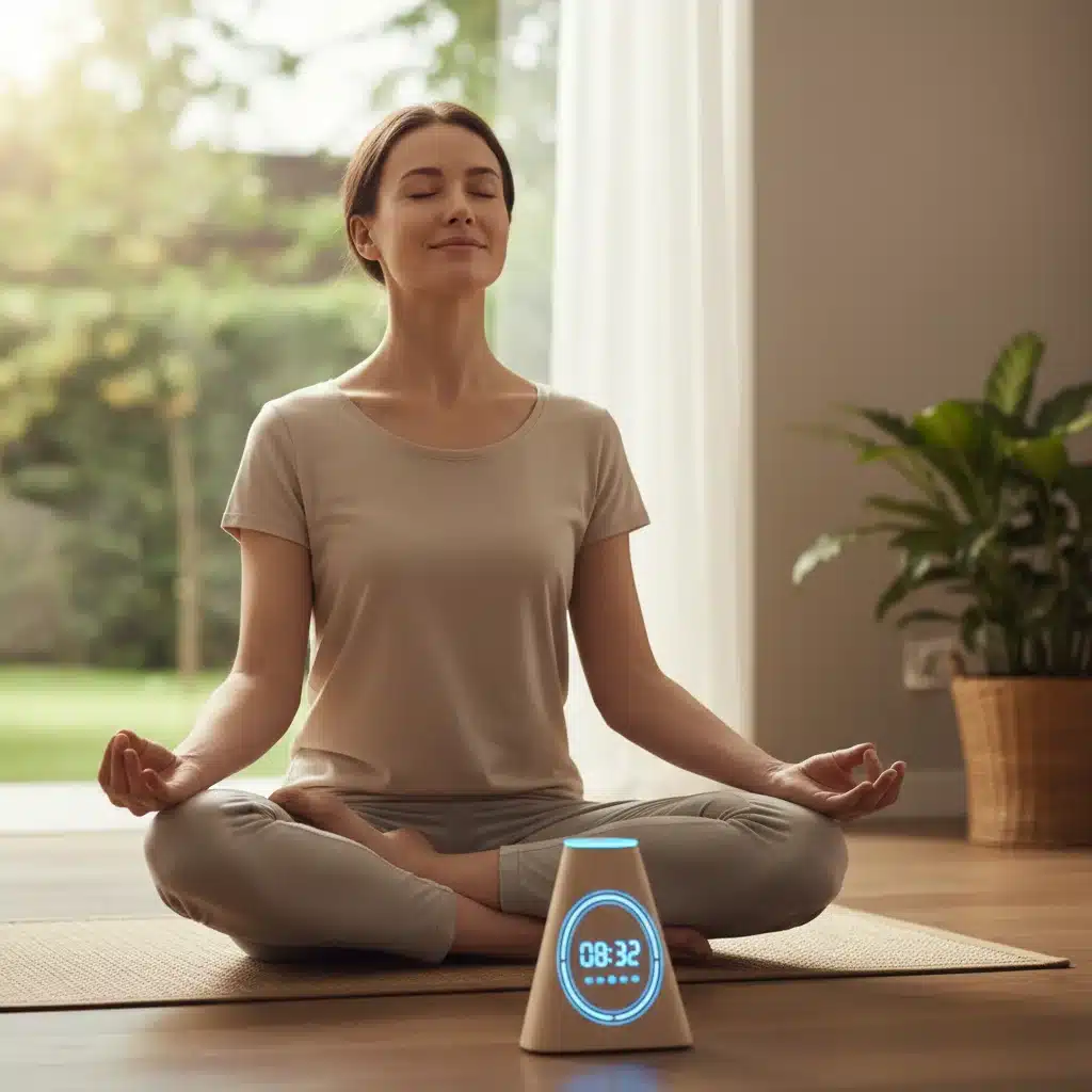 Person practicing timed breathing exercise for stress relief.