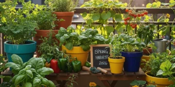 Vibrant urban balcony garden with edible plants in containers, spring 2026