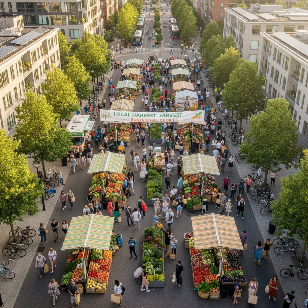 Aerial view of a vibrant urban farmers market