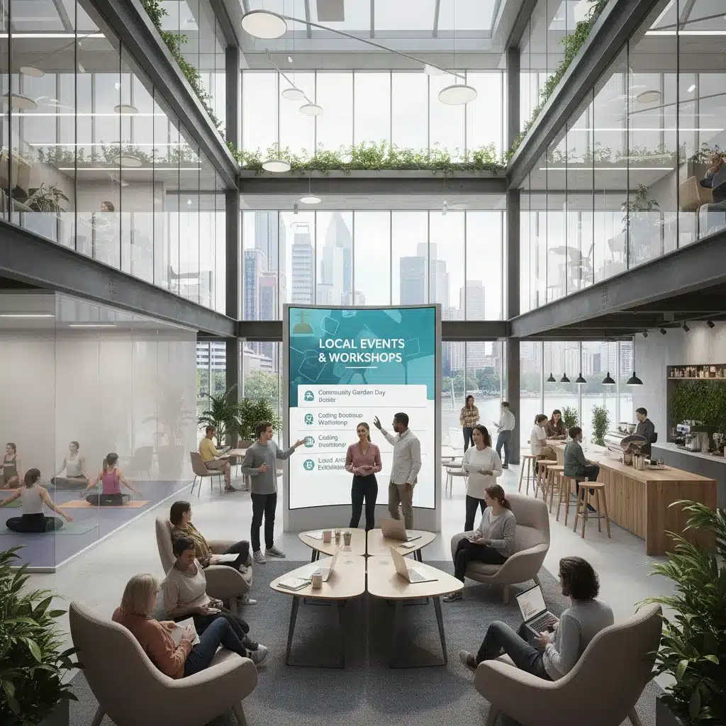 Vibrant community hub with co-working and wellness facilities.