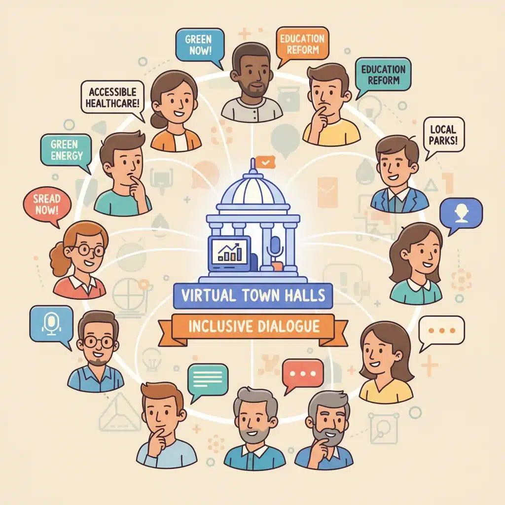 Diverse community engaging in virtual town halls and online discussions, connected to a government icon.