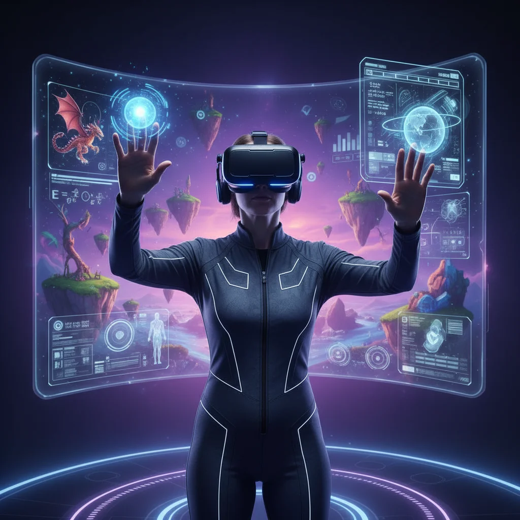 User immersed in a virtual reality experience with a VR headset.