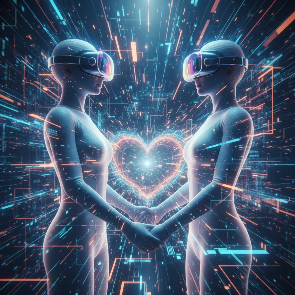 Couple experiencing virtual reality together, highlighting digital intimacy.