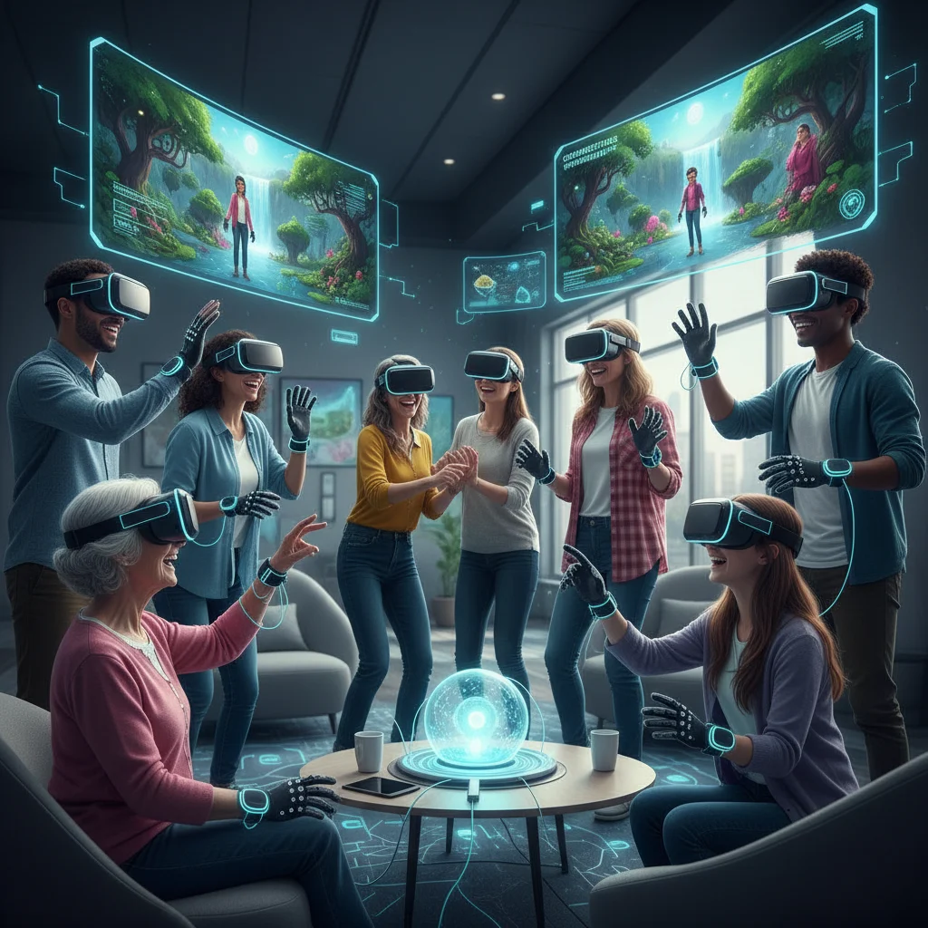 People using VR headsets for social interaction, combating loneliness digitally