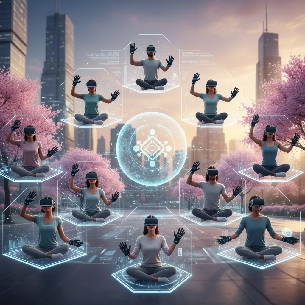 Diverse employees engaging in virtual reality wellness session for holistic well-being