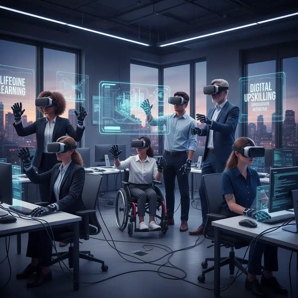 Professionals in VR training, learning new digital skills for future jobs.
