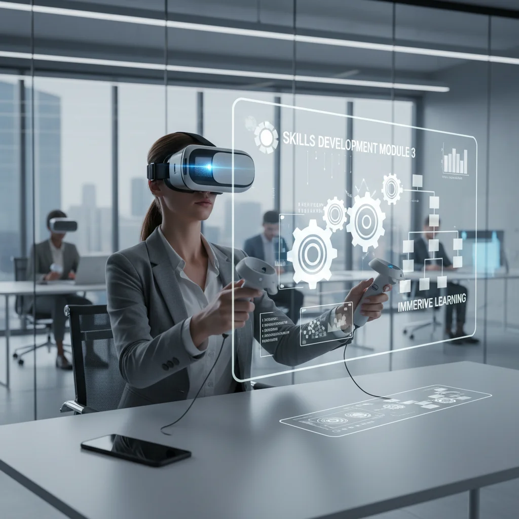 Professional using VR headset for immersive workforce training and skill development.