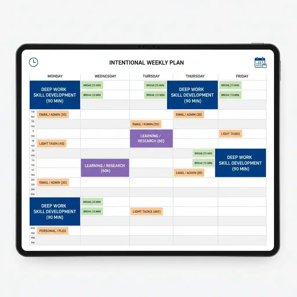 Example of a weekly schedule with 90-minute focus blocks