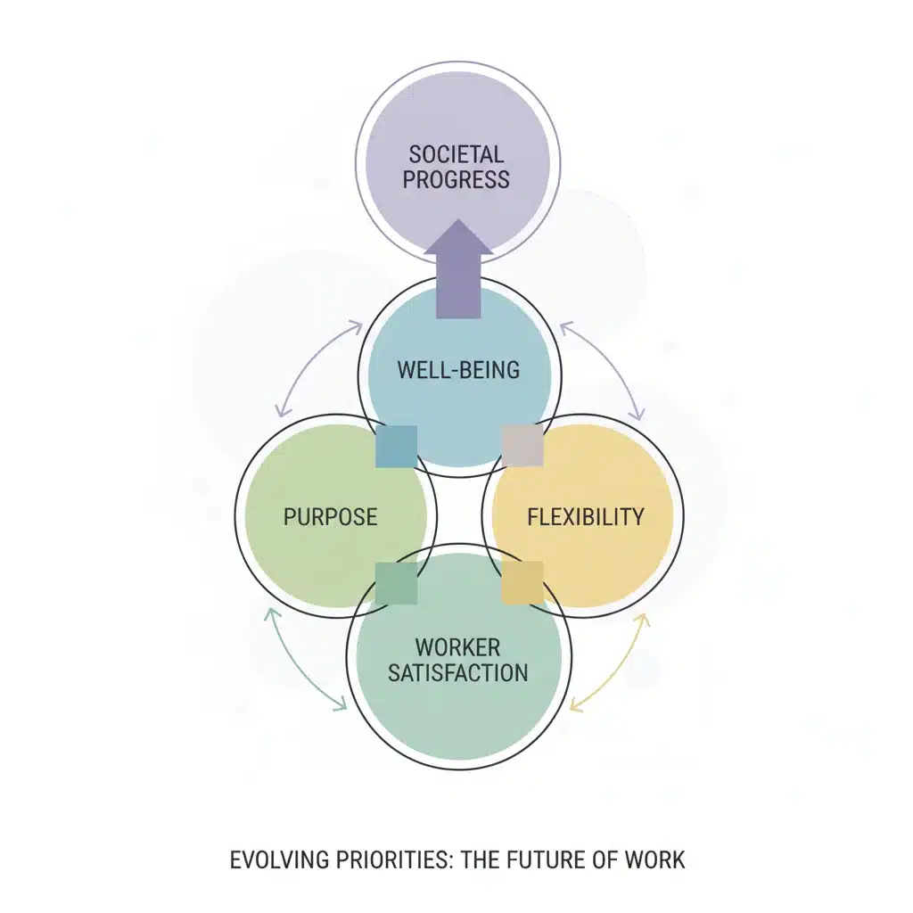 Infographic illustrating the interconnectedness of well-being, purpose, and flexibility in future work.