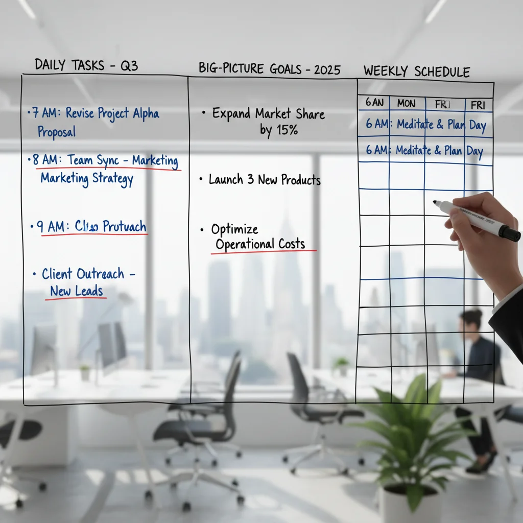 Whiteboard with organized tasks, hand writing, strategic planning