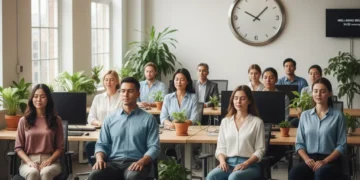 Professionals practicing 20-minute mindfulness in a modern office for improved focus and well-being.