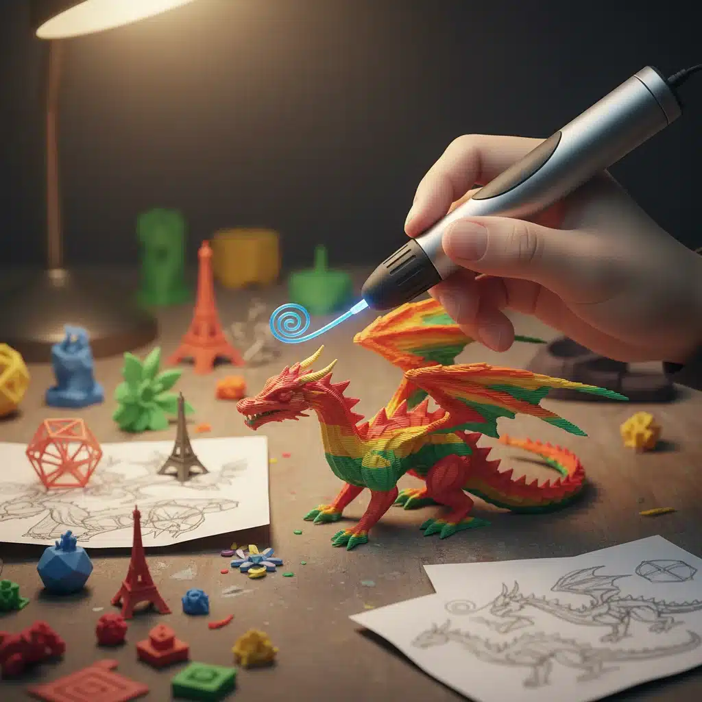 Hands using a 3D printing pen to create a miniature sculpture, showcasing modern craftsmanship and digital fabrication.