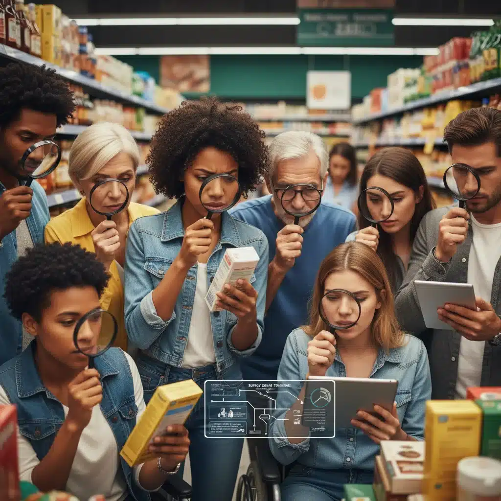 Consumers using magnifying glasses to examine product labels for supply chain transparency.