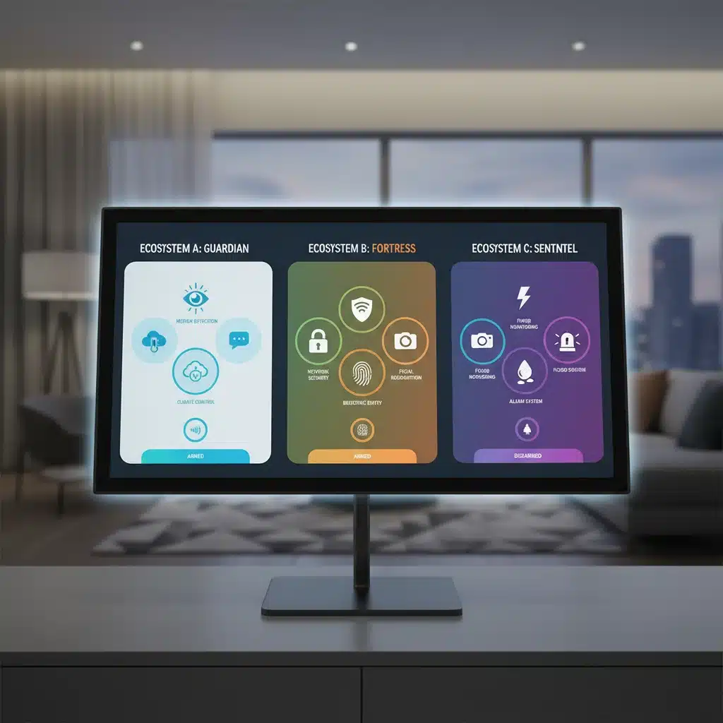 Infographic comparing user interfaces of three smart home security ecosystems, highlighting feature differences.