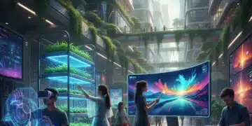People engaging in diverse innovative hobbies, including VR, hydroponics, digital art, and drone assembly, symbolizing future recreation.