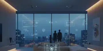 Futuristic smart home interior with integrated security cameras and smart hub, emphasizing advanced protection.