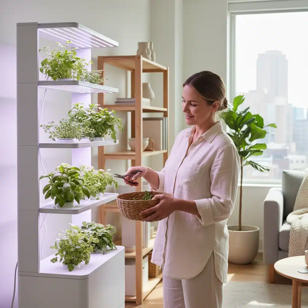Person harvesting fresh herbs from a modern indoor hydroponic garden, illustrating sustainable living and urban farming.