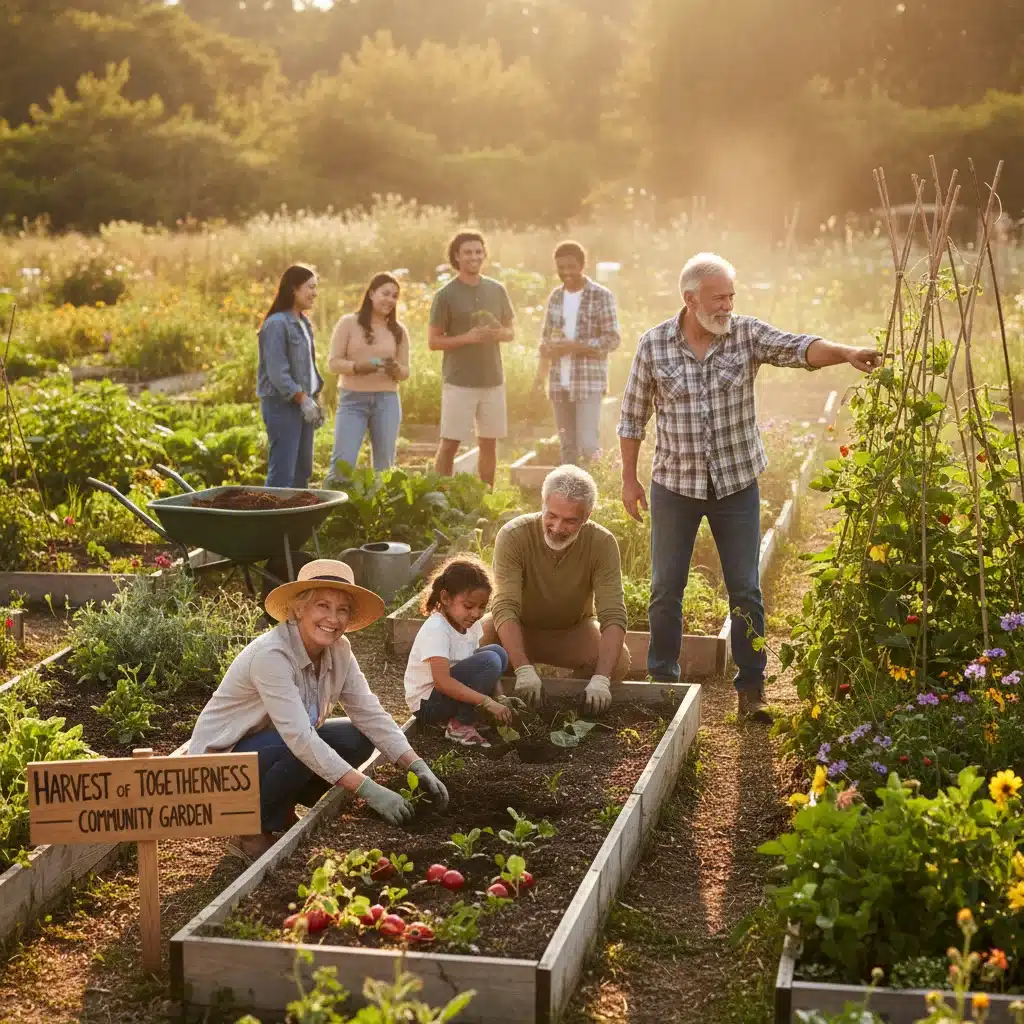 Intergenerational group working on community garden project