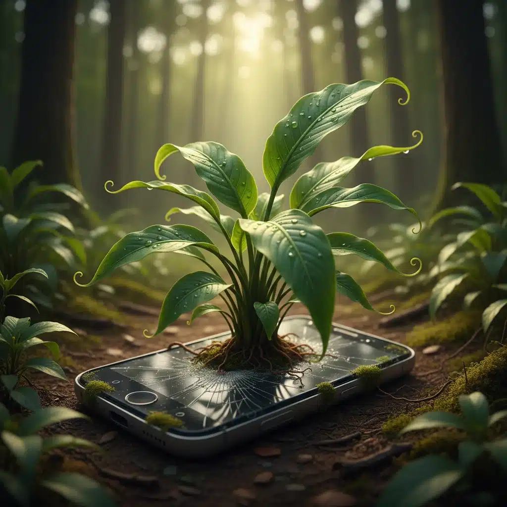 Nature reclaiming a smartphone, symbolizing digital detox and renewal.