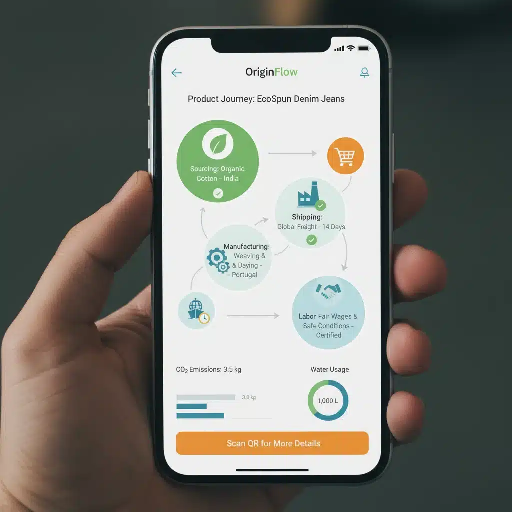 Smartphone displaying a product traceability app with detailed supply chain information.